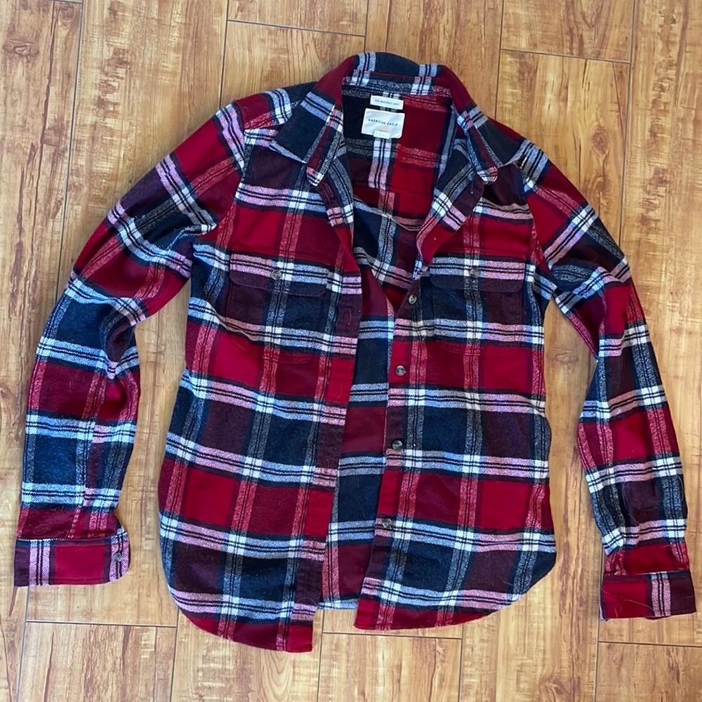 American Eagle Red Plaid Button Up
